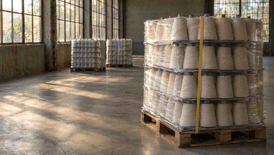 Pallet stacked with layers of natural white yarn cones, stretch-wrapped and secured with a yellow strapping band