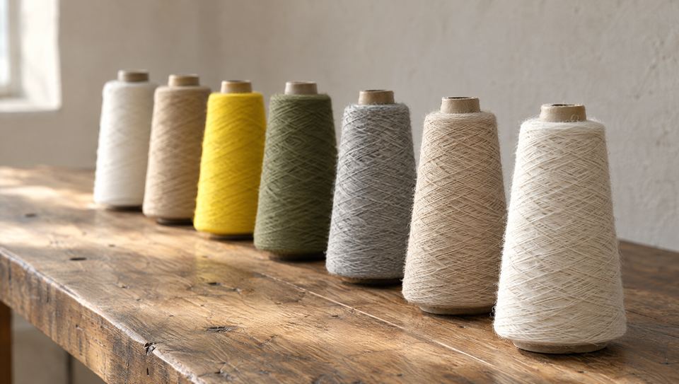 Row of yarn cones on an oak table, sorted by yarn type: natural white, sand, yellow, olive and grey melange