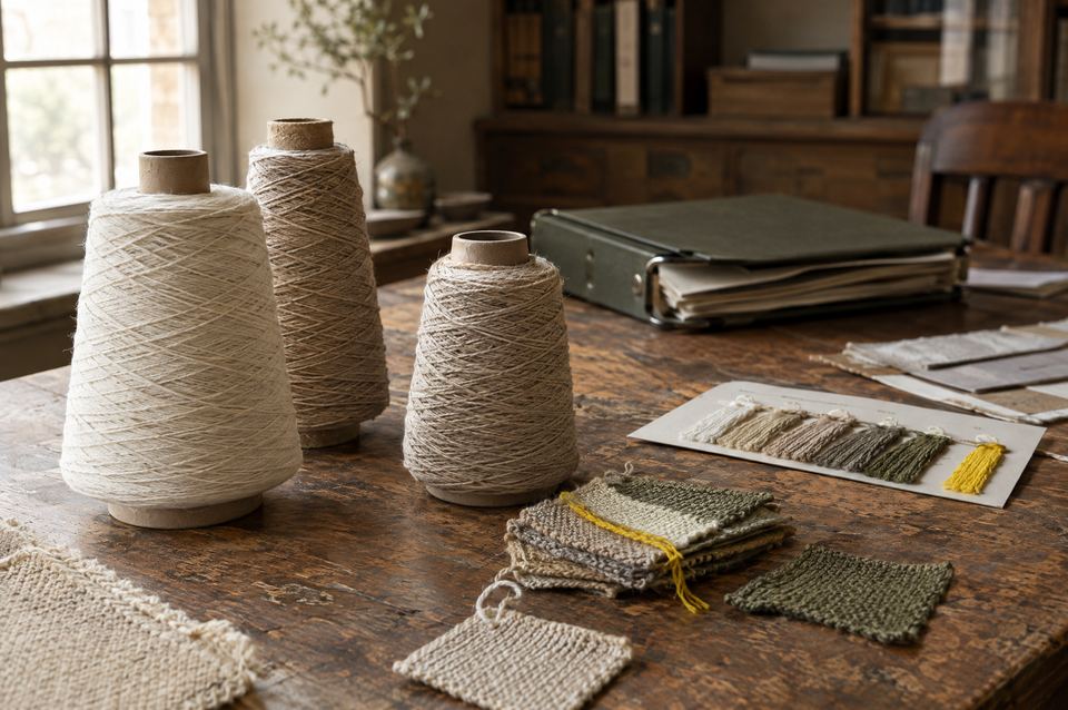 Sample cones, yarn samples and a sample card on a wooden table in the office