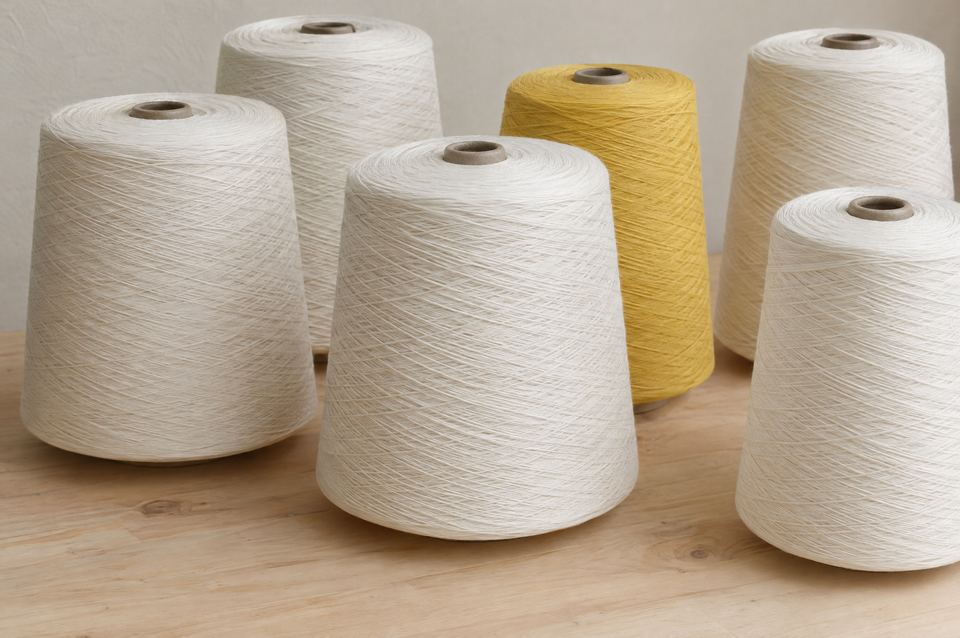 Glatte naturweiße Compact-Garnkonen, eine gelbe Kone