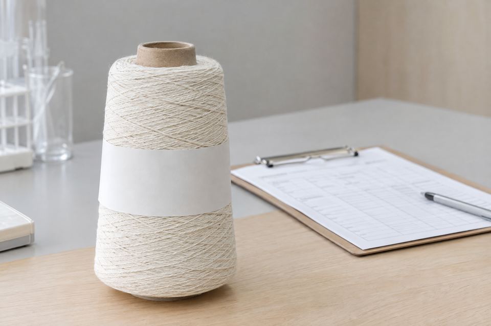 Yarn cone with label, clipboard and lab table